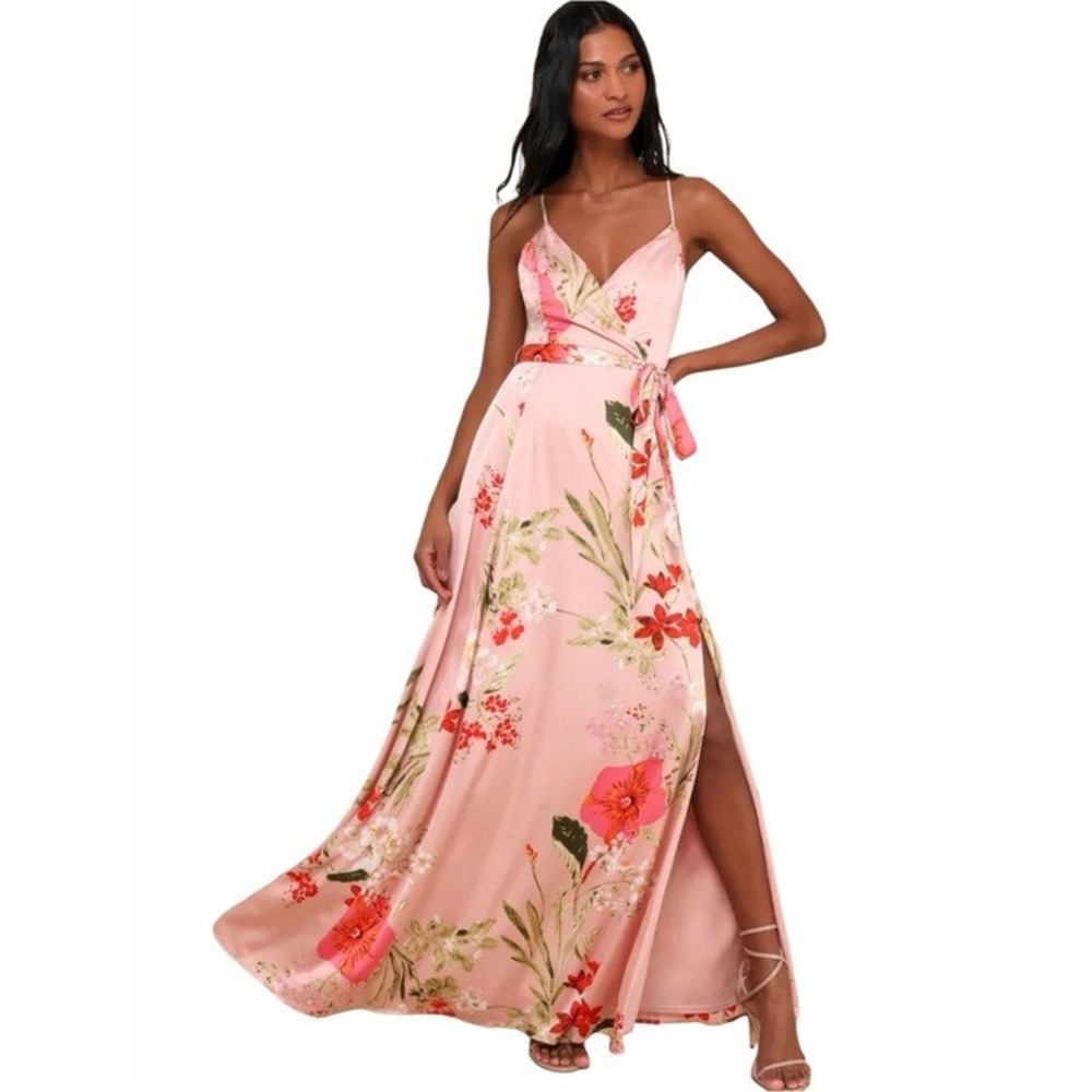 Lulus Faux Wrap XL Blush Pink Floral Satin Maxi Dress Romantic Wedding Guest